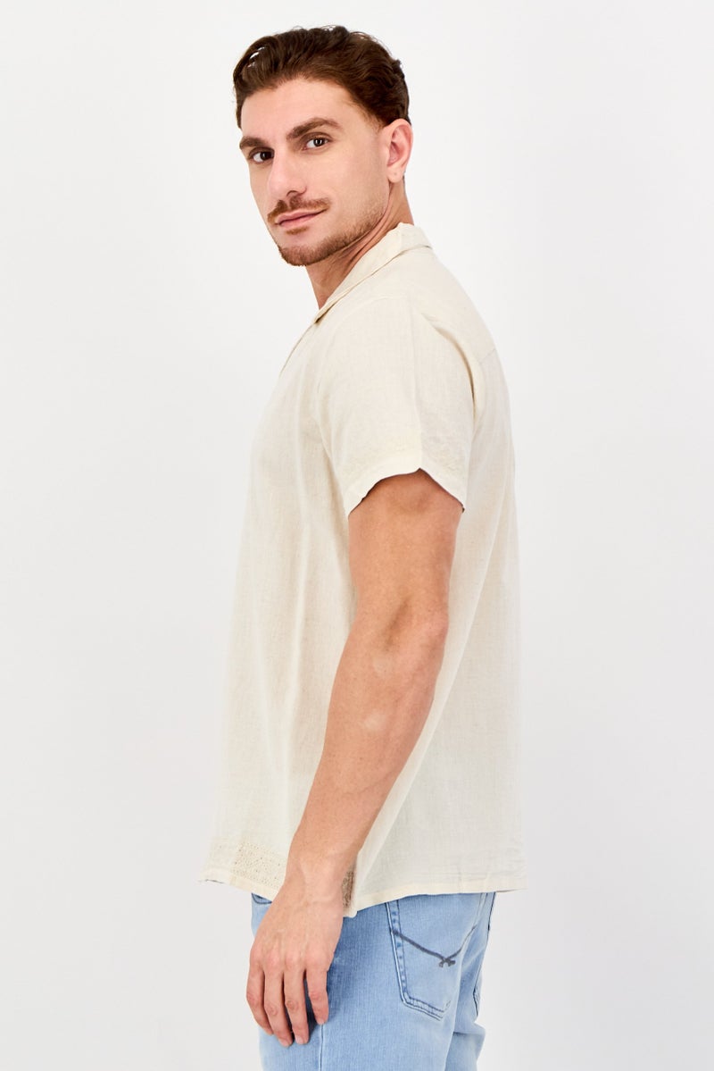 Threadbare Men Regular Fit Embroidered Short Sleeve Casual Shirt, Beige - Image 2